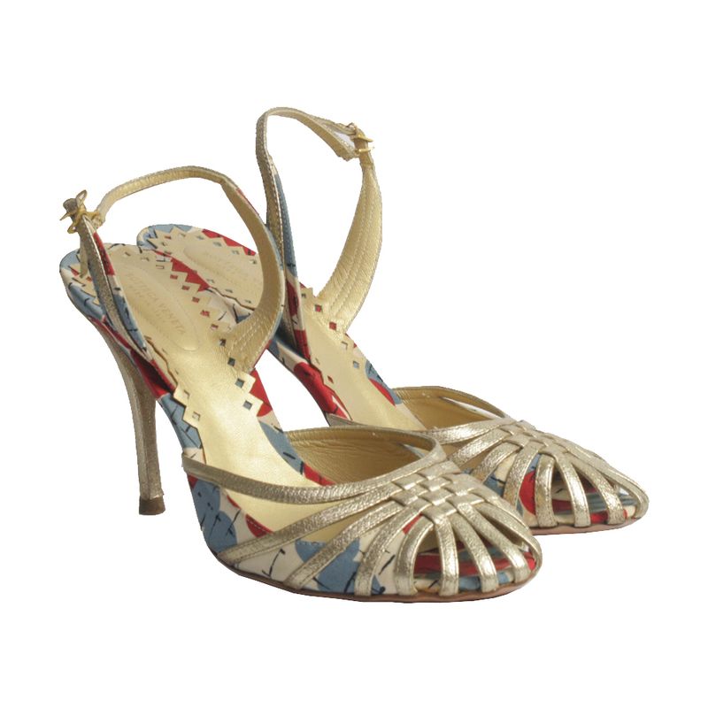 Sandalia-de-Salto-Bottega-Veneta-Intrecciato-Dourada