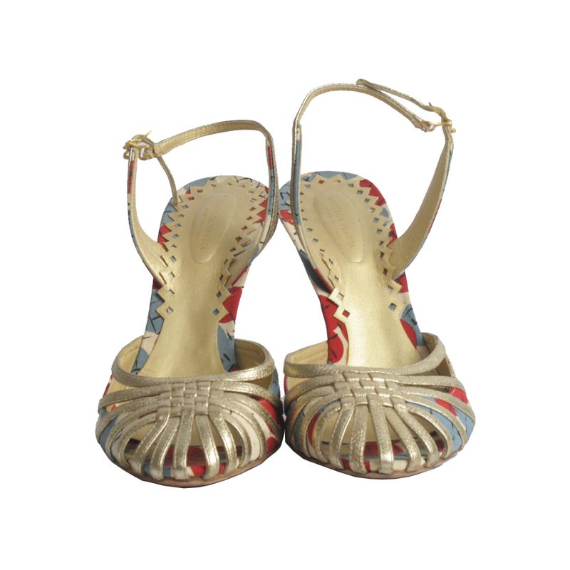 Sandalia-de-Salto-Bottega-Veneta-Intrecciato-Dourada