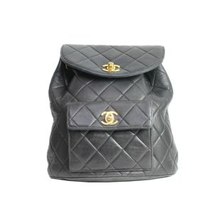 Mochila Chanel Vintage Quilted Couro Preto Alça Corrente