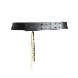 Cinto Chanel Vintage Couro Preto com Pérolas
