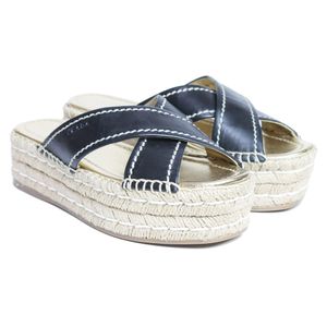 Flatform Prada Couro Preto com Sola de Palha