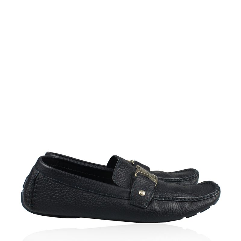 Mocassim-Louis-Vuitton-Couro-Azul-Escuro-Liso-com-Inicial-LV