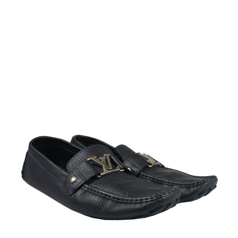 Mocassim-Louis-Vuitton-Couro-Azul-Escuro-Liso-com-Inicial-LV