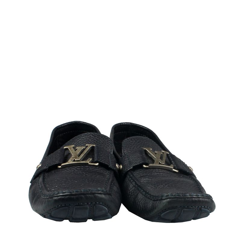 Mocassim-Louis-Vuitton-Couro-Azul-Escuro-Liso-com-Inicial-LV