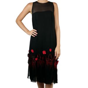 Vestido Chanel Vintage em Crepe de Seda Preto com Flores Vermelhas