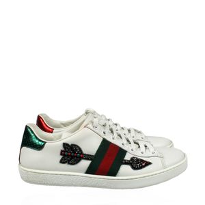Tênis Gucci Couro Branco e Bordado de Strass