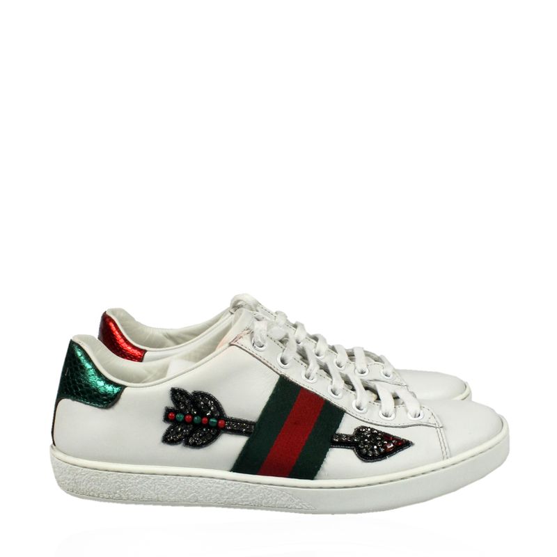 Tenis-Gucci-Couro-Branco-e-Bordado-de-Strass