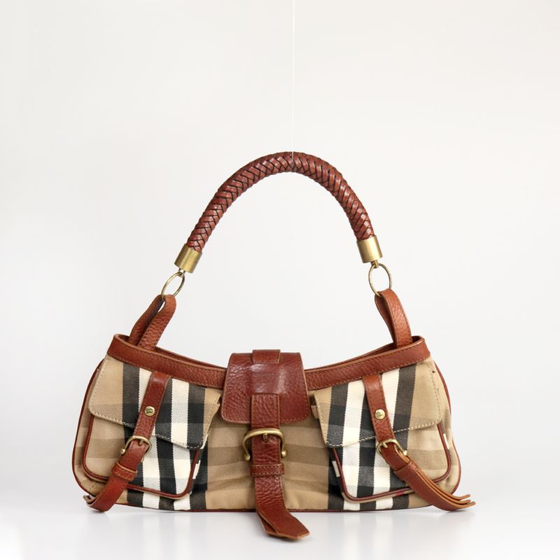 Bolsa-Burberry-Xadrez-e-Couro-Marrom-Pequena