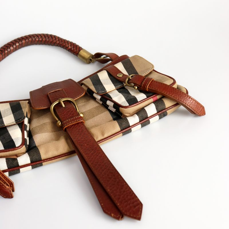 Bolsa-Burberry-Xadrez-e-Couro-Marrom-Pequena