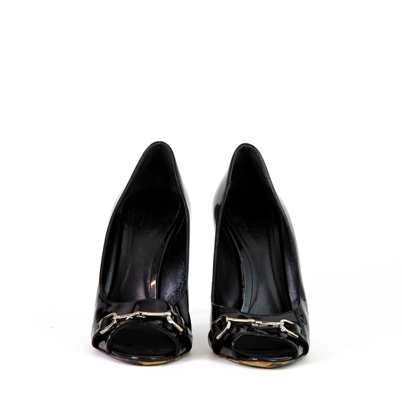 Peep-toe-Gucci-Horsebit-Verniz-Preto