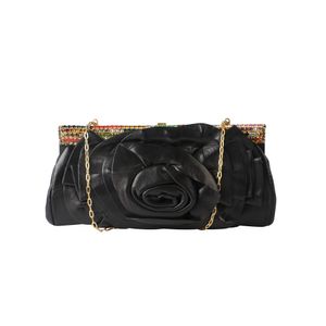 Clutch Valentino Flor Couro/Pedras Preta