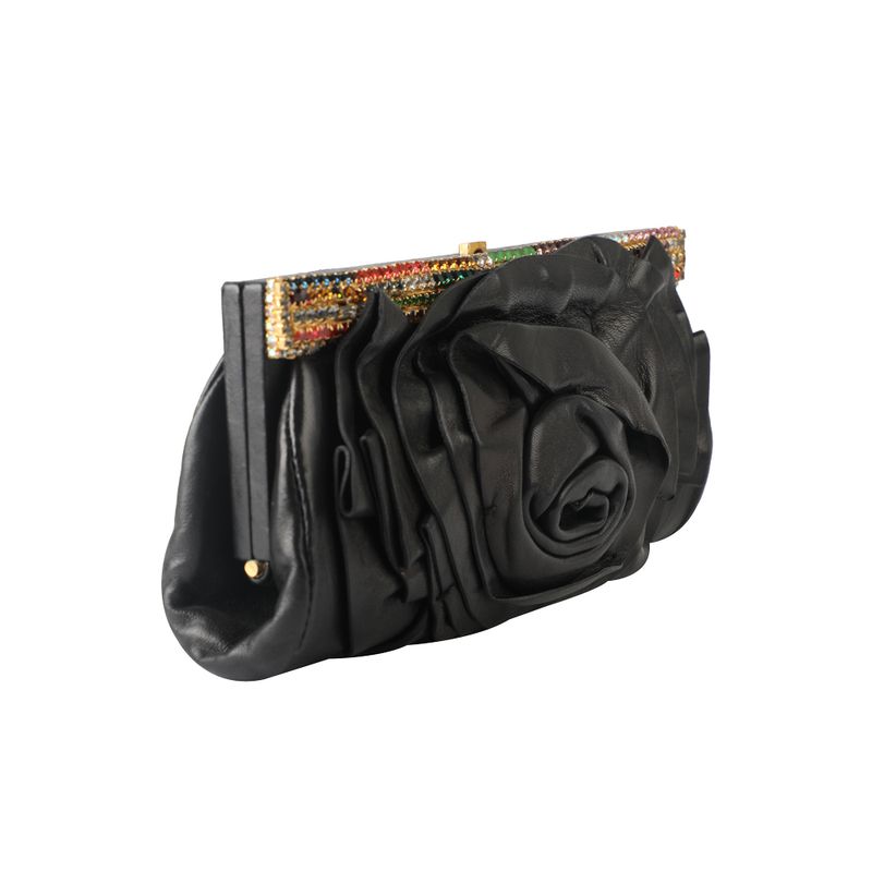 Clutch-Valentino-Flor-Couro-Pedras-Preta