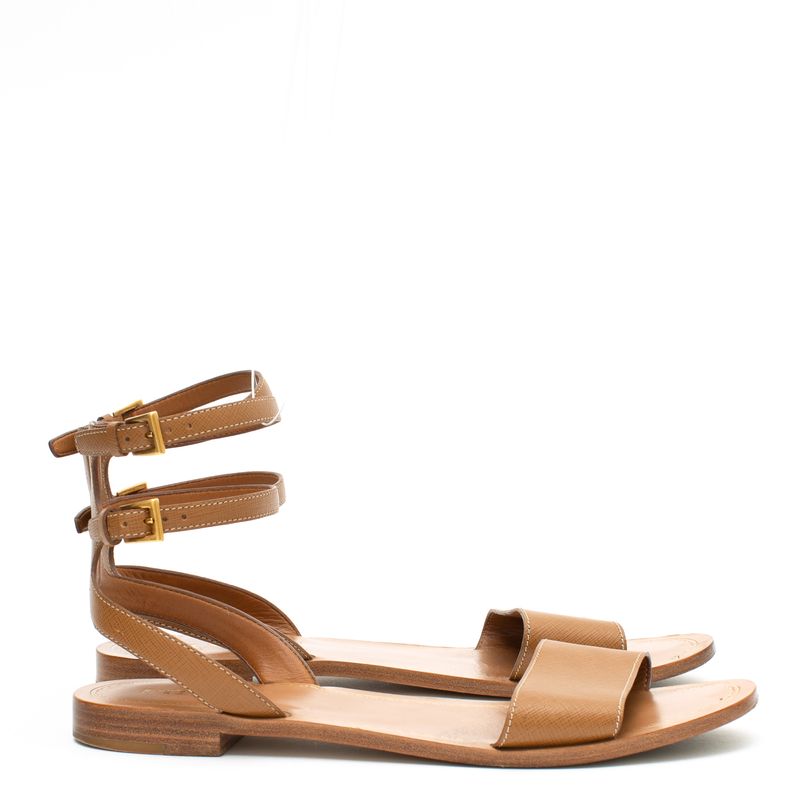 Rasteira-Prada-Couro-Saffiano-Caramelo