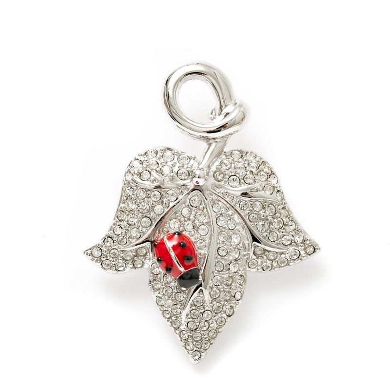 Broche-Swarovski-Joaninha-e-Folha-Prateado
