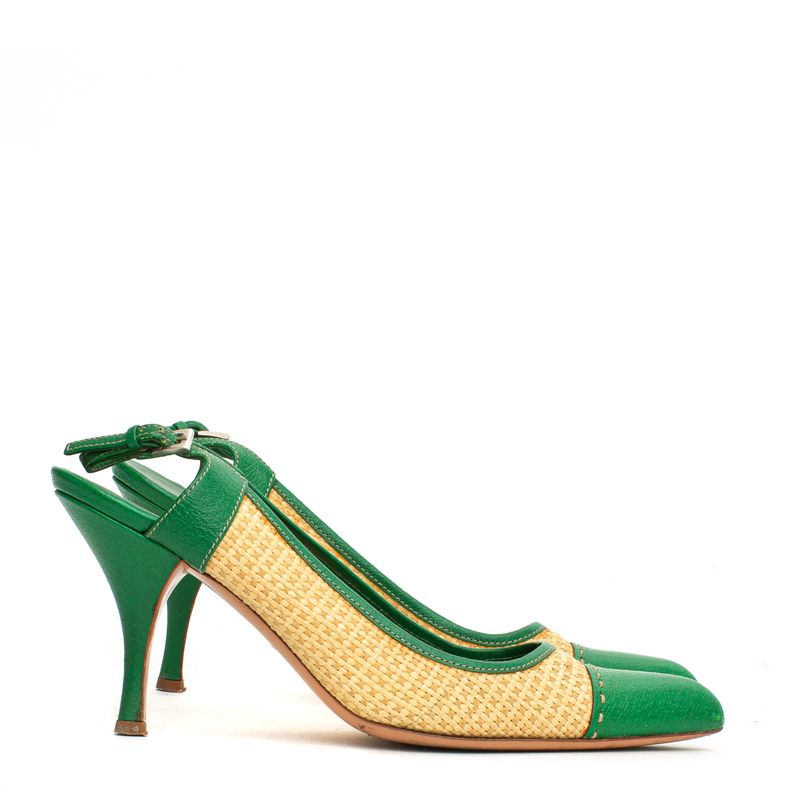 Slingback-Prada-Palha-e-Couro-Verde