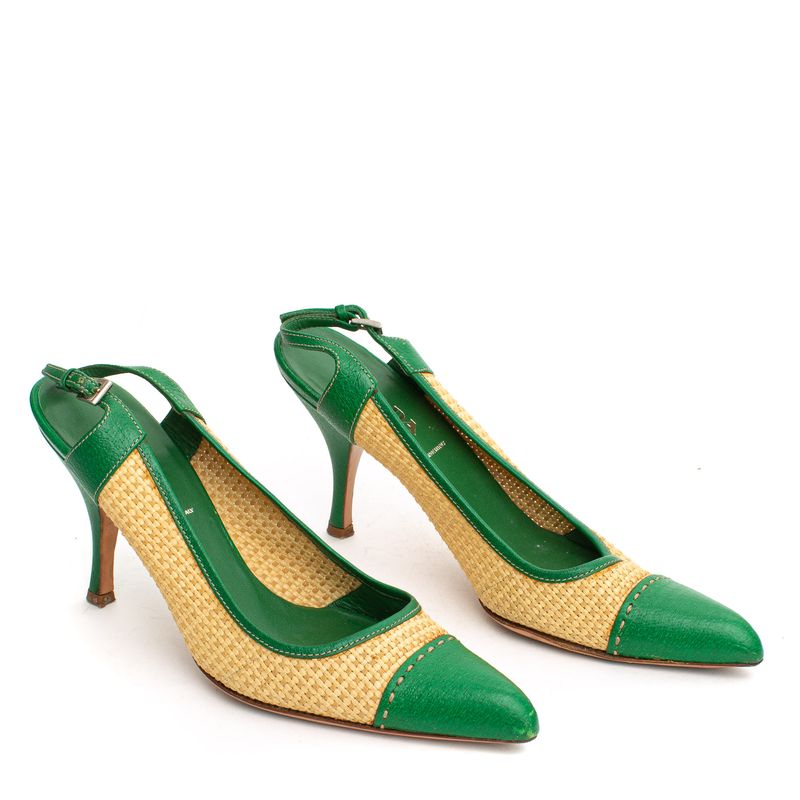 Slingback-Prada-Palha-e-Couro-Verde