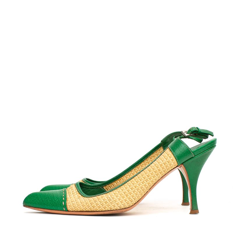 Slingback-Prada-Palha-e-Couro-Verde