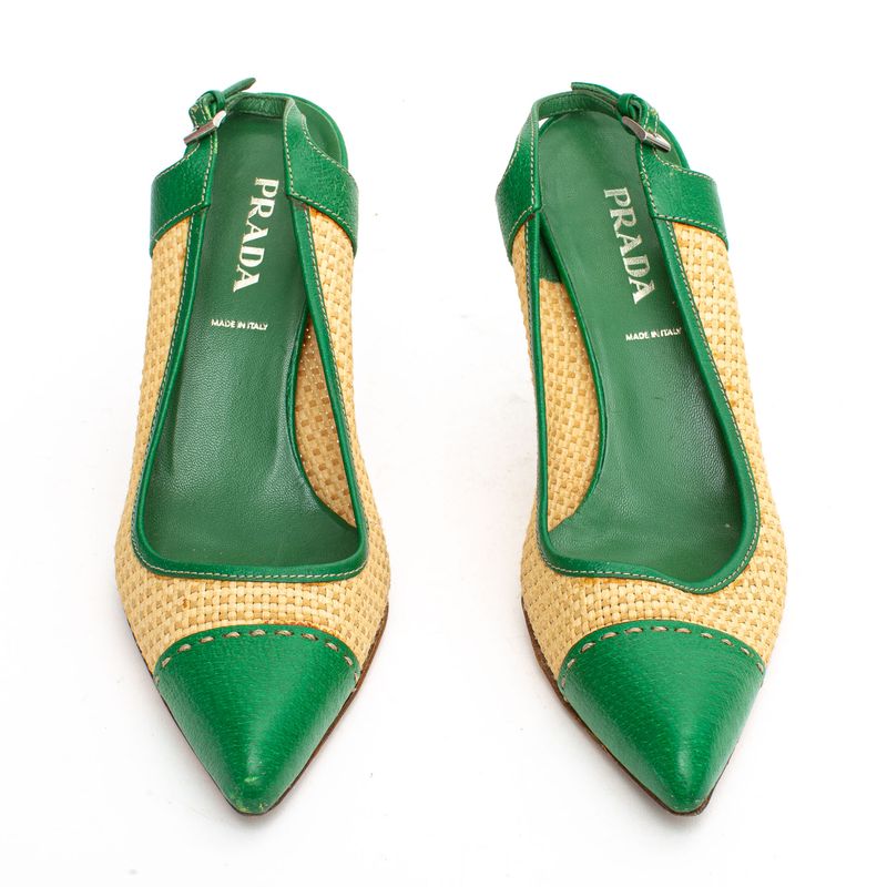 Slingback-Prada-Palha-e-Couro-Verde