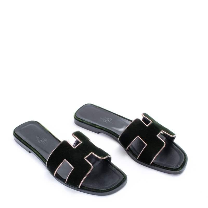 Sandalia-Hermes-Oran-Veludo-Verde