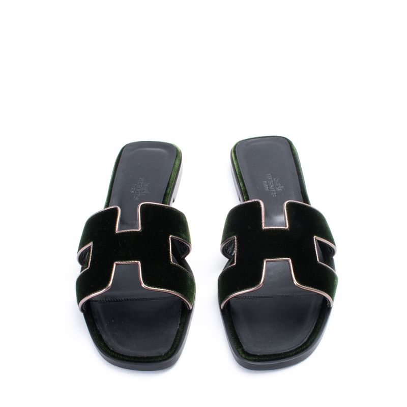 Sandalia-Hermes-Oran-Veludo-Verde
