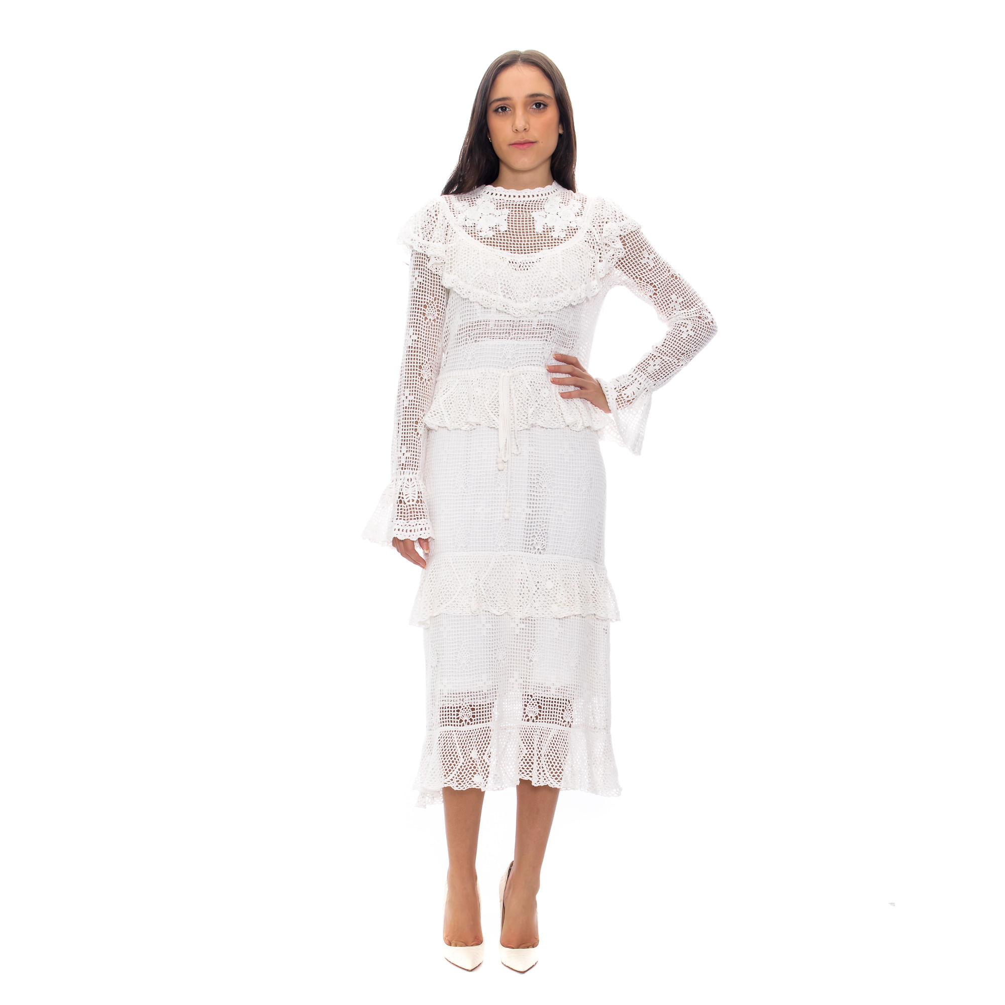 Vestido branco sereia de renda crochê Ref 3728