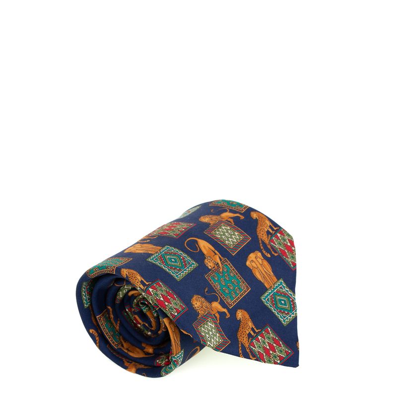 Gravata-Salvatore-Ferragamo-Estampa-Animais-Azul-e-Dourada
