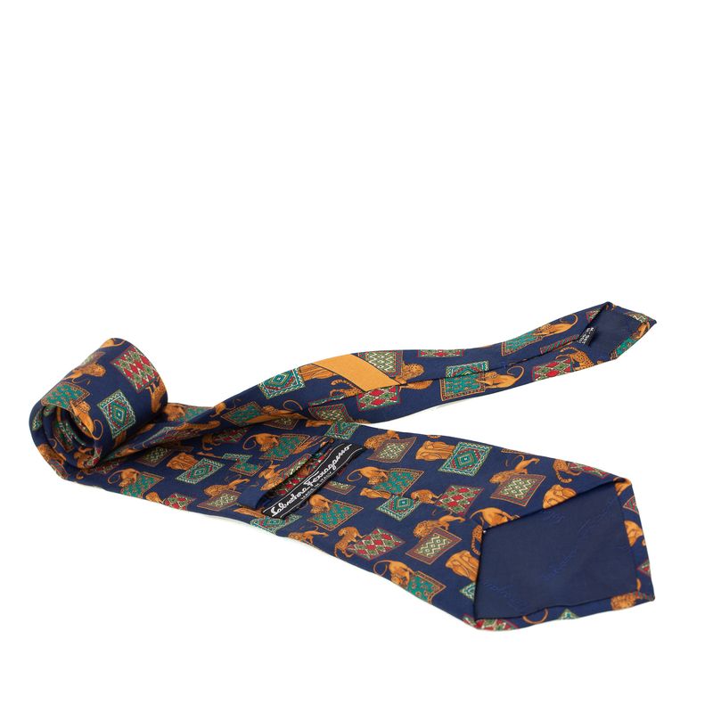 Gravata-Salvatore-Ferragamo-Estampa-Animais-Azul-e-Dourada