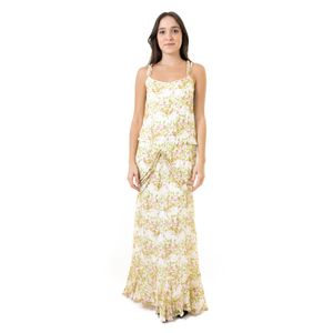 Vestido Marcelo Quadros Seda Estampa Floral Branco Verde e Rosa