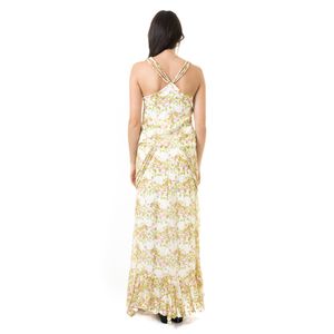 Vestido Marcelo Quadros Seda Estampa Floral Branco Verde e Rosa