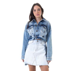 Jaqueta Jeans Cropped com Franjas de Vidrilhos