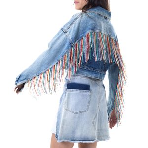 Jaqueta Jeans Cropped com Franjas de Vidrilhos