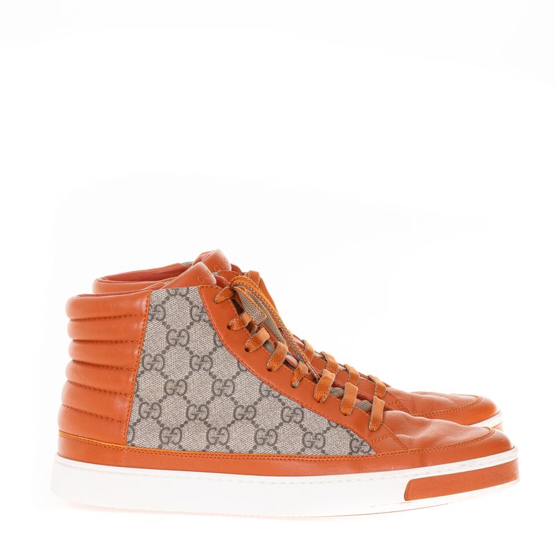Tenis-Gucci-Cano-Alto-Canvas-GG-Supreme-e-Couro-Laranja
