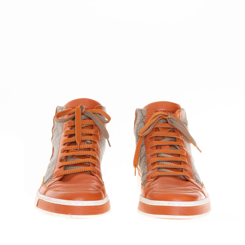 Tenis-Gucci-Cano-Alto-Canvas-GG-Supreme-e-Couro-Laranja