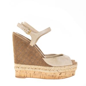 Sandália Gucci Camurça Bege Salto Plataforma Cortiça e Sisal