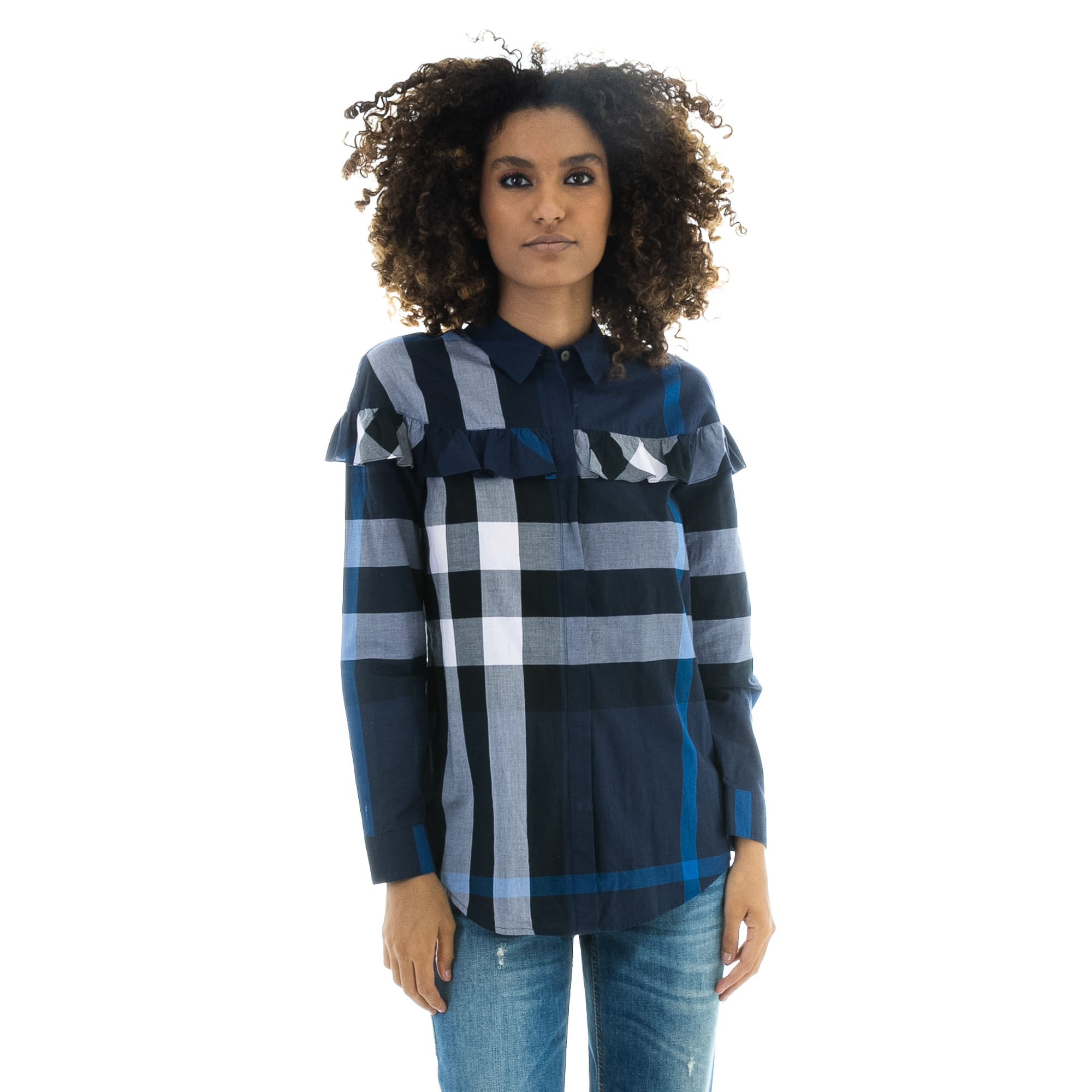 Camisa Burberry Xadrez Azul com Babados Brech de luxo Prettynew