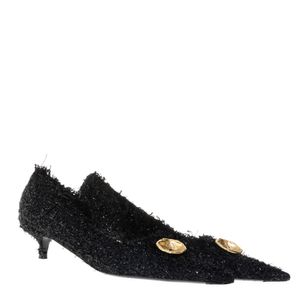 Scarpin Balenciaga Knife Tweed Preto Botão Dourado
