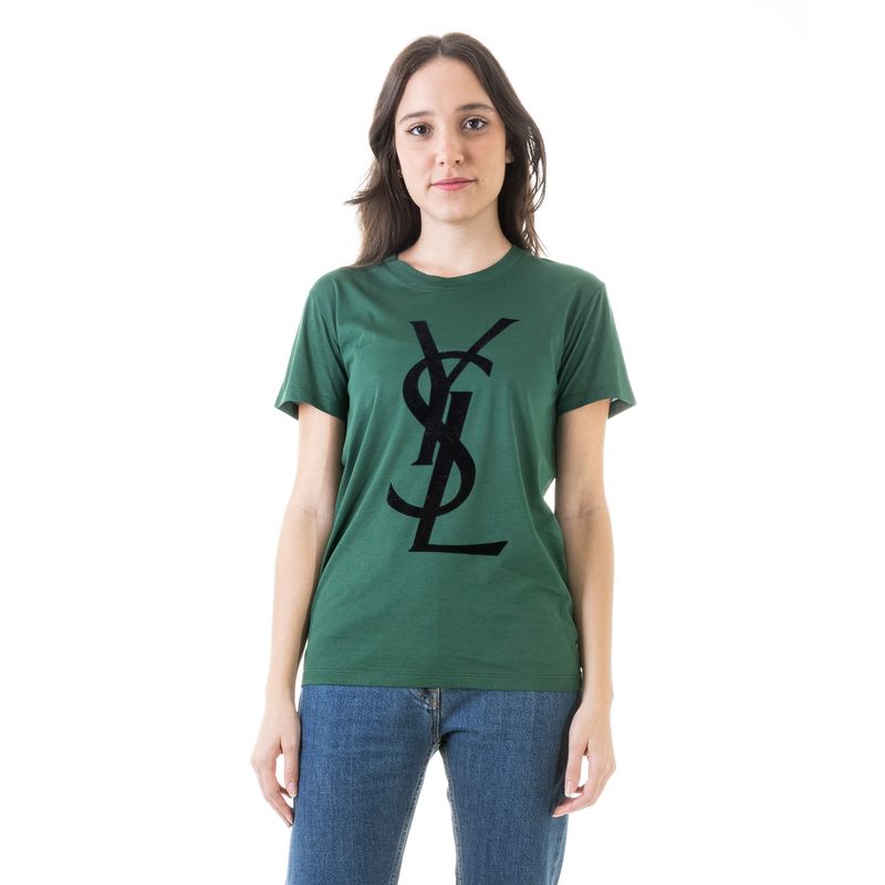 Camiseta-Yves-Saint-Laurent-Verde-Logo-em-Veludo-Preto