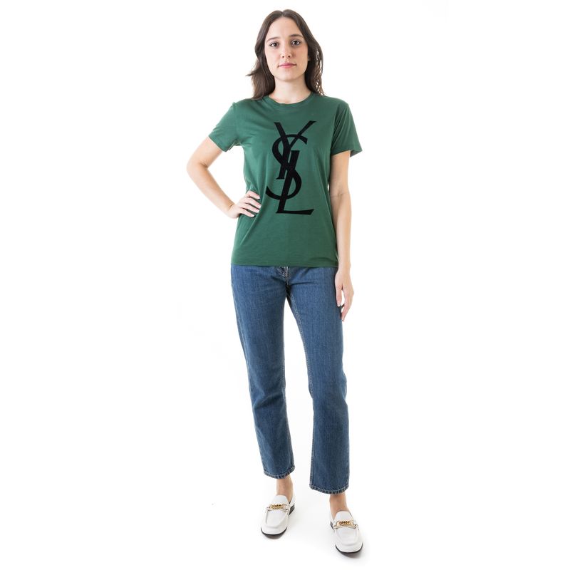 Camiseta-Yves-Saint-Laurent-Verde-Logo-em-Veludo-Preto