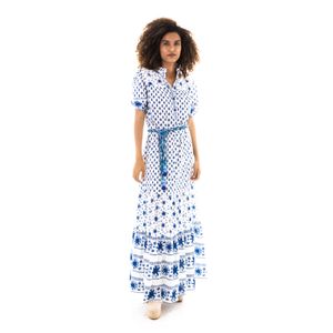 Vestido Mixed Longo Estampa Azul com Cinto