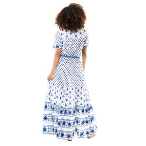 Vestido Mixed Longo Estampa Azul com Cinto