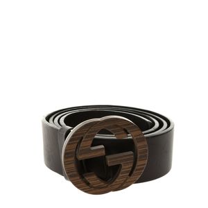 Cinto Gucci Couro Marrom e Fivela Madeira