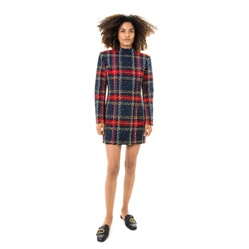 Vestido-Balmain-Tweed-Xadrez-Azul-e-Vermelho