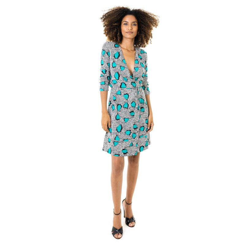 Vestido-Diane-Von-Furstenberg-Wrap-Estampado-Preto-Branco-e-Verde