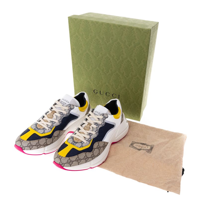 Tenis-Gucci-GG-Rhyton-Canvas-e-Nylon-Bege-Branco-e-Azul