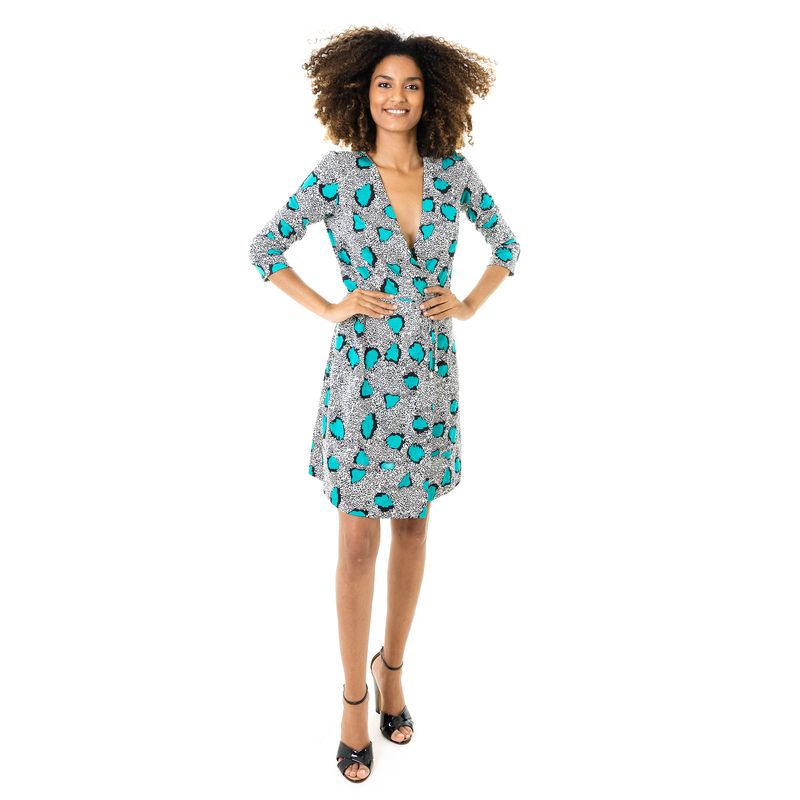 Vestido-Diane-Von-Furstenberg-Wrap-Estampado-Preto-Branco-e-Verde