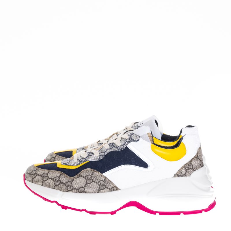 Tenis-Gucci-GG-Rhyton-Canvas-e-Nylon-Bege-Branco-e-Azul