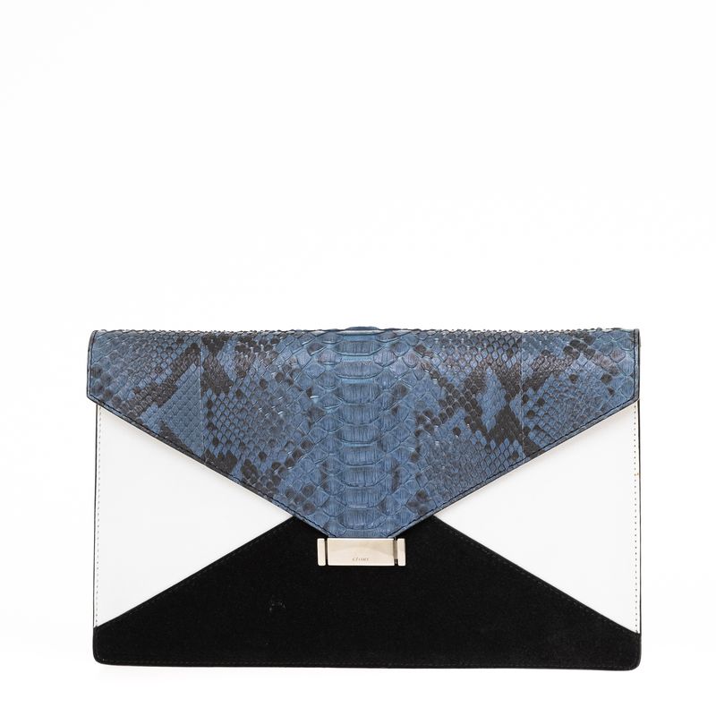 Clutch-Celine-Diamond-Couro-Preto-Branco-e-Phyton-Azul