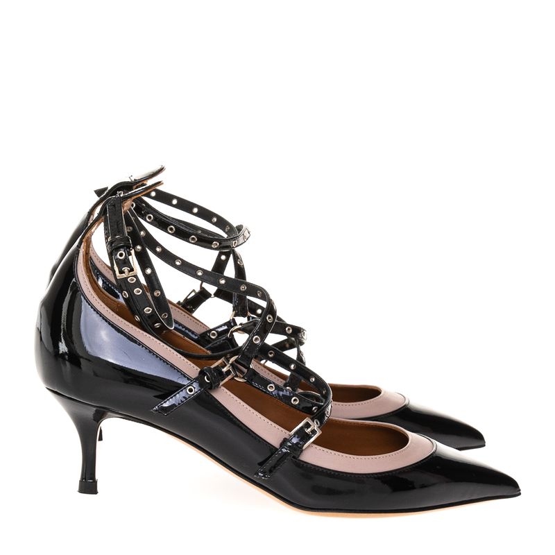 Scarpin-Valentino-Tiras-Verniz-Preto-e-Couro-Bege