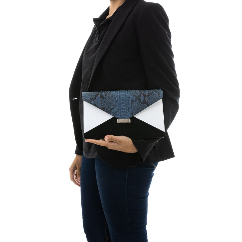 Clutch-Celine-Diamond-Couro-Preto-Branco-e-Phyton-Azul