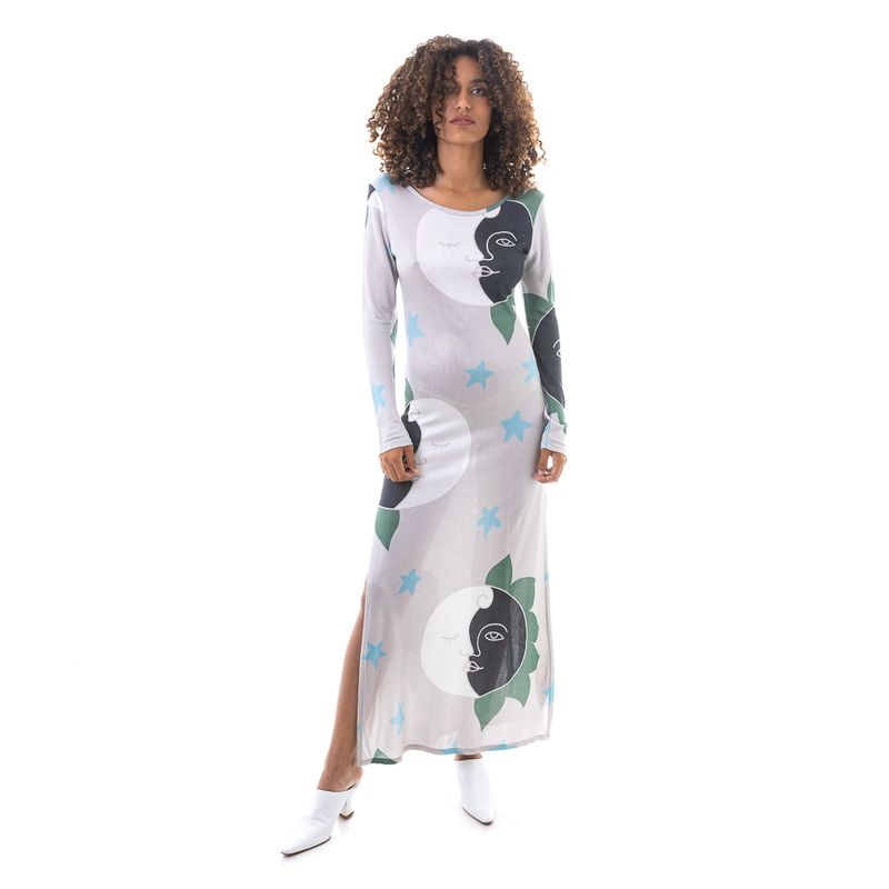 Vestido-Longo-Cinza-Estampado-Lua-e-Estrelas